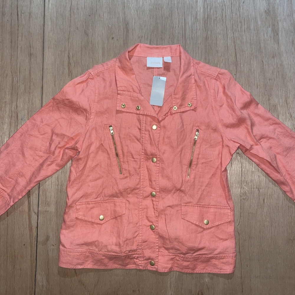Chicos 3/4 Sleeve Button Down Front Zipper Pockets Linen Jacket Sz 1 Barbiecore